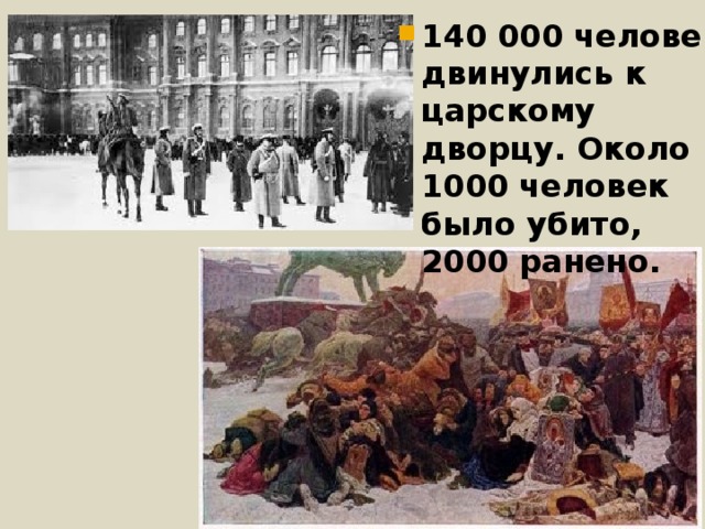 140 000 человек двинулись к царскому дворцу. Около 1000 человек было убито, 2000 ранено.