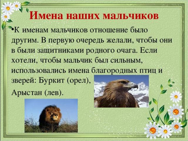 Имена наших мальчиков К именам мальчиков отношение было другим. В первую очередь желали, чтобы они в были защитниками родного очага. Если хотели, чтобы мальчик был сильным, использовались имена благородных птиц и зверей: Буркит (орел), Арыстан (лев).