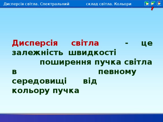 Дисперсія світла. Спектральний  склад світла. Кольори Дисперсія світла - це залежність швидкості    поширення пучка світла в    певному середовищі від    кольору пучка