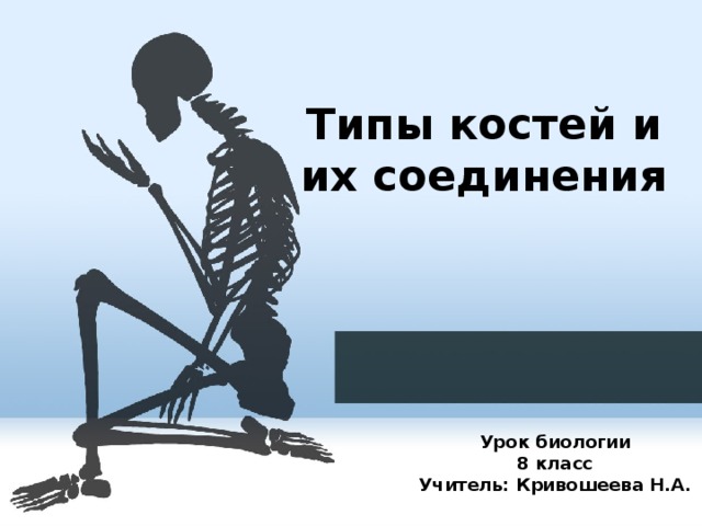 Типы костей и их соединения Урок биологии 8 класс Учитель: Кривошеева Н.А.