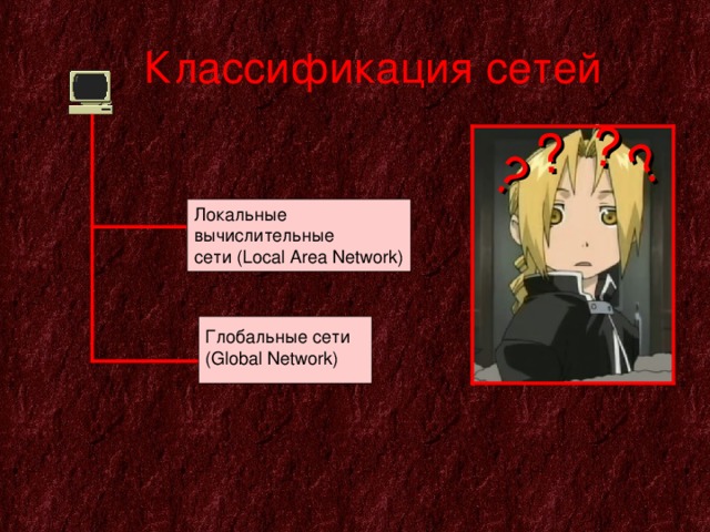 ? ? ? ?  Классификация сетей Локальные вычислительные сети ( Local Area Network) Глобальные сети ( Global Network)