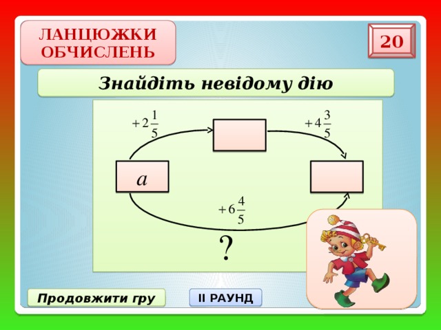 ЛАНЦЮЖКИ ОБЧИСЛЕНЬ 20 Знайдіть невідому дію   а II РАУНД Продовжити гру