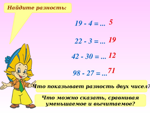 Найдите разность: 5 19 - 4 = ... 19 22 - 3 = ... 12 42 - 30 = ... 71 98 - 27 = ... Что показывает разность двух чисел? Что можно сказать, сравнивая уменьшаемое и вычитаемое?