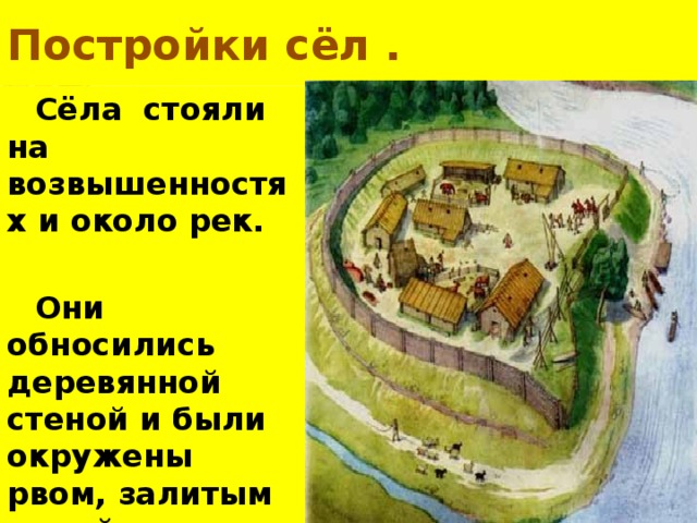 Постройки сёл . Сёла стояли на возвышенностях и около рек.  Они обносились деревянной стеной и были окружены рвом, залитым водой.