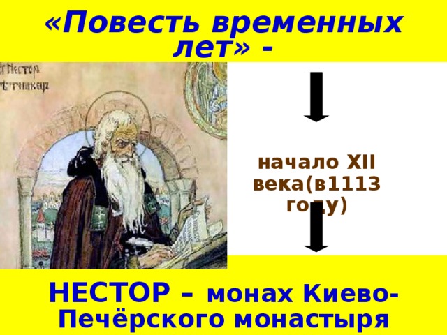 «Повесть временных лет» -  начало XII века(в1113 году) НЕСТОР –  монах Киево-Печёрского монастыря