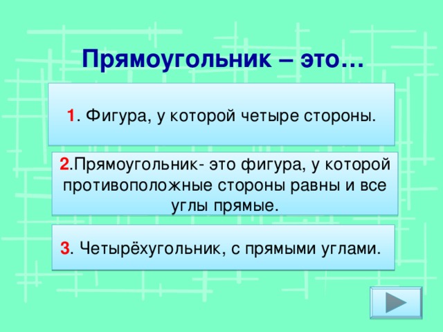 Прямоугольник – это… 1 . Фигура, у которой четыре стороны. 2 .Прямоугольник- это фигура, у которой противоположные стороны равны и все углы прямые. 3 . Четырёхугольник, с прямыми углами.