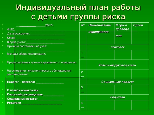 Индивидуальный план работы  с детьми группы риска    __ __________ ______2007г. ФИО:_______________________________ Дата рождения:______________________ Класс ______________________________ Форма учета:________________________ Причина постановки на учет: ____________________________________ Методы сбора информации:  Предполагаемая причина девиантного поведения: На основании психологического обследования рекомендовано:   Педагог – психолог _________________  С планом ознакомлен: Классный руководитель_____________ Социальный педагог________________ Родители_________________________   №  Наименование мероприятия  Формы проведения  психолог  1… Сроки  Классный руководитель  2… Социальный педагог  3… Родители  4…