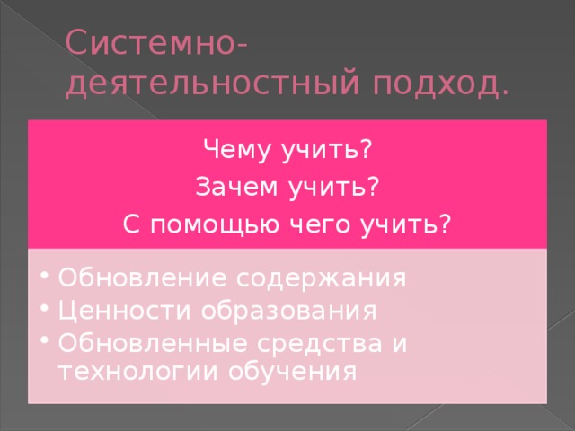 Системно-деятельностный подход. Чему учить? Зачем учить? С помощью чего учить?