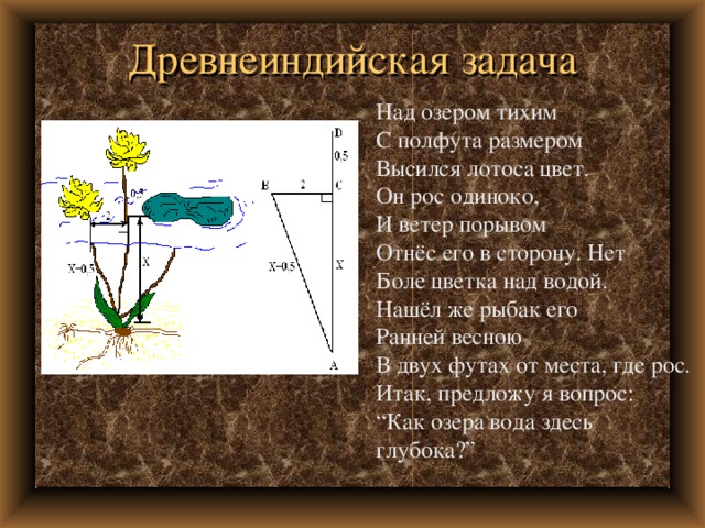 Древнеиндийская задача Над озером тихим С полфута размером  Высился лотоса цвет.  Он рос одиноко,  И ветер порывом  Отнёс его в сторону. Нет  Боле цветка над водой.  Нашёл же рыбак его  Ранней весною  В двух футах от места, где рос.  Итак, предложу я вопрос:  “Как озера вода здесь глубока?”