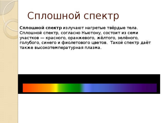 Сплошной спектр Сплошной спектр  излучают нагретые твёрдые тела. Сплошной спектр, согласно Ньютону, состоит из семи участков — красного, оранжевого, жёлтого, зелёного, голубого, синего и фиолетового цветов. Такой спектр даёт также высокотемпературная плазма.