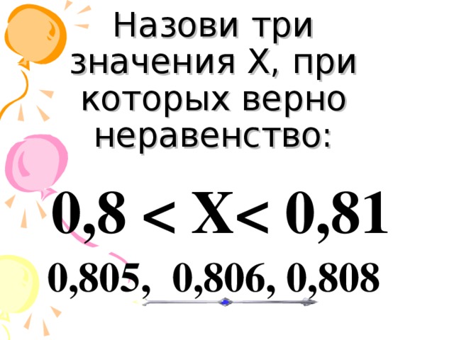 Назови три значения Х, при которых верно неравенство: 0,8 0,805, 0,806, 0,808