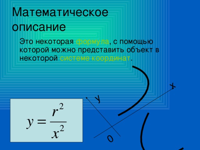 х у 0 Математическое  описание  Это некоторая формула , с помощью которой можно представить объект в некоторой системе координат .