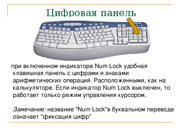 Цифровая панель  при включенном индикаторе Num Lock удобная клавишная панель с цифрами и знаками арифметических операций. Расположенными, как на калькуляторе. Если индикатор Num Lock выключен, то работает только режим управления курсором.   Замечание: название 
