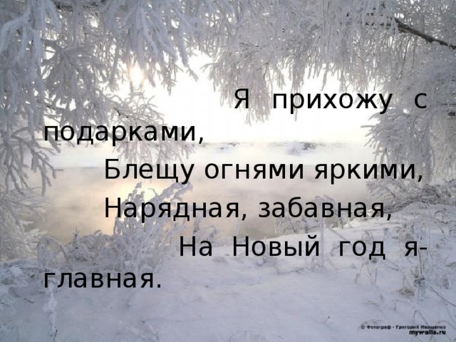 Я прихожу с подарками,  Блещу огнями яркими,  Нарядная, забавная,  На Новый год я- главная.