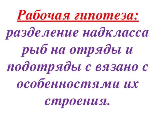 Рабочая гипотеза:  разделение надкласса рыб на отряды и подотряды с вязано с особенностями их строения.