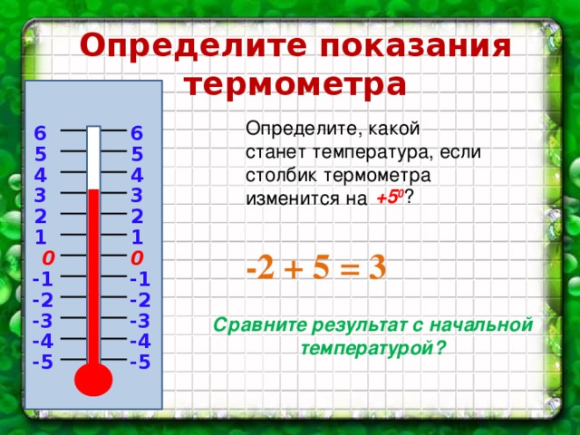 Определите показания термометра Определите, какой станет температура, если столбик термометра изменится на 6 6 5 5 4 4 3 3  +5 0 ? 2 2 1 1 -2 + 5 = 3 0 0 -1 -1 -2 -2 -3 -3 Сравните результат с начальной температурой? -4 -4 -5 -5