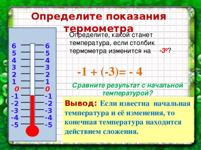 Определите показания термометра Определите, какой станет температура, если столбик термометра изменится на 6 6  -3 0 ? 5 5 4 4 3 3 -1 + (-3)= - 4 2 2 1 1 Сравните результат с начальной температурой? 0 0 -1 -1 Вывод: Если известна начальная температура и её изменения, то конечная температура находится действием сложения. -2 -2 -3 -3 -4 -4 -5 -5
