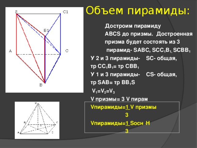 Объем пирамиды: Достроим пирамиду ABCS до призмы. Достроенная призма будет состоять из 3  пирамид - SABC, SCC 1 B 1, SCBB 1  У 2 и 3 пирамиды- SC - общая, тр CC 1 B 1 = тр CBB 1 У 1 и 3 пирамиды- С S- общая, тр SAB = тр BB 1 S  V 1 =V 2 =V 3 V призмы= 3 V пирам V пирамиды = 1 V призмы  3 V пирамиды = 1 S осн  . H    3