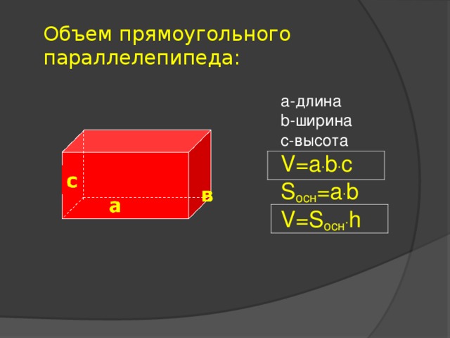 Объем прямоугольного параллелепипеда:    а-длина b -ширина с-высота V=a . b . c S осн = a . b V=S осн . h