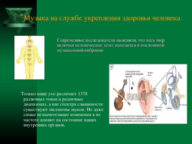 Музыка на службе укрепления здоровья человека Современные исследователи выяснили, что весь мир, включая человеческое тело, находится в постоянной музыкальной вибрации  Только наше ухо различает 1378 различных тонов в различных диапазонах, а вне спектра слышимости существуют миллионы звуков. Но даже самые незначительные изменения в их частоте влияют на состояние наших внутренних органов.