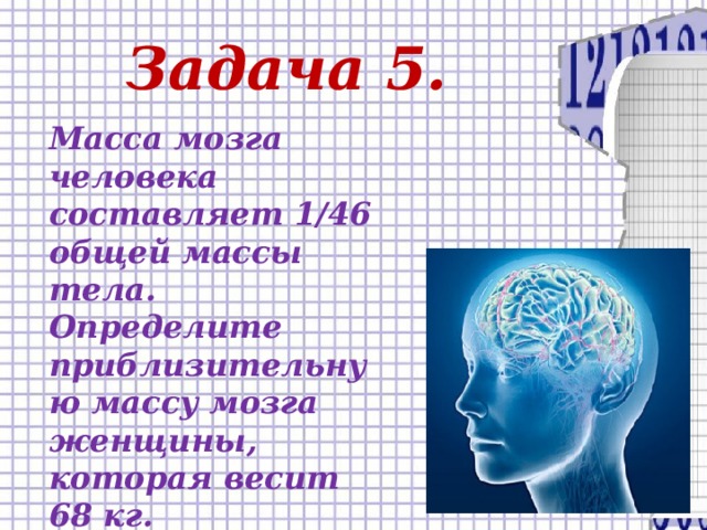 Задача 5. Масса мозга человека составляет 1/46 общей массы тела. Определите приблизительную массу мозга женщины, которая весит 68 кг.