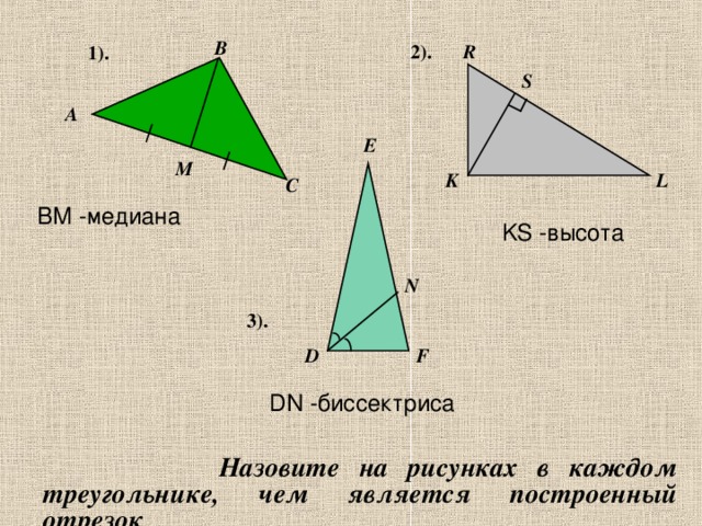 B R 2 ). 1). S A E M L K C BM - медиана KS - высота N 3 ). D F DN - биссектриса  Назовите на рисунках в каждом треугольнике, чем является построенный отрезок