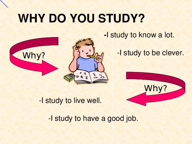 WHY DO YOU STUDY? - I study to know a lot.  -I study to be clever. Why? Why? -I study to live well.  -I study to have a good job.