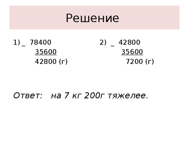 Решение _ 78400 2) _ 42800  35600  35600  42800 (г)  7200 (г) Ответ: на 7 кг 200г тяжелее.