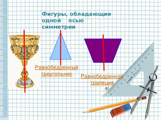 Фигуры, обладающие одной осью симметрии Равнобедренный треугольник Равнобедренная трапеция
