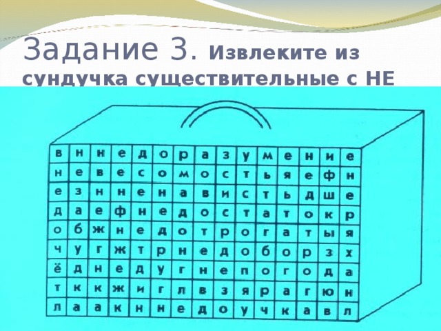 Задание 3. Извлеките из сундучка существительные с НЕ