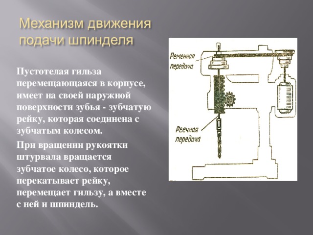 Пустотелая гильза перемещающаяся в корпусе, имеет на своей наружной поверхности зубья - зубчатую рейку, которая соединена с зубчатым колесом. При вращении рукоятки штурвала вращается зубчатое колесо, которое перекатывает рейку, перемещает гильзу, а вместе с ней и шпиндель.