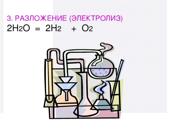 3. РАЗЛОЖЕНИЕ  (ЭЛЕКТРОЛИЗ) 2H 2 O = 2H 2 ⁭ + O 2 ⁭