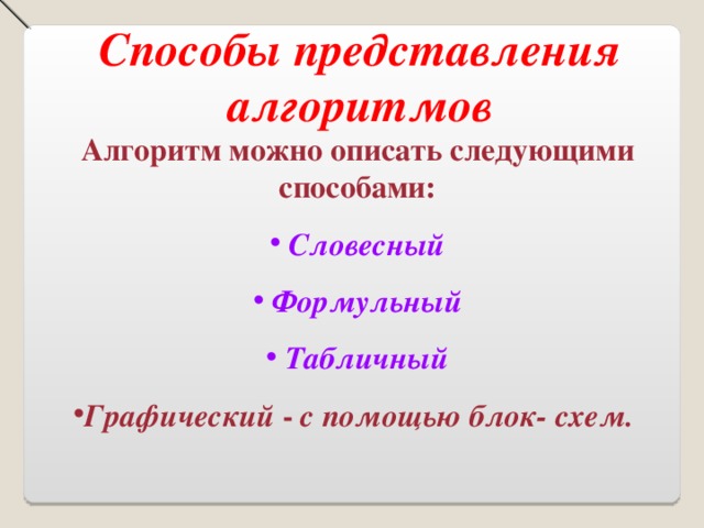 Способы представления алгоритмов Алгоритм можно описать следующими способами: