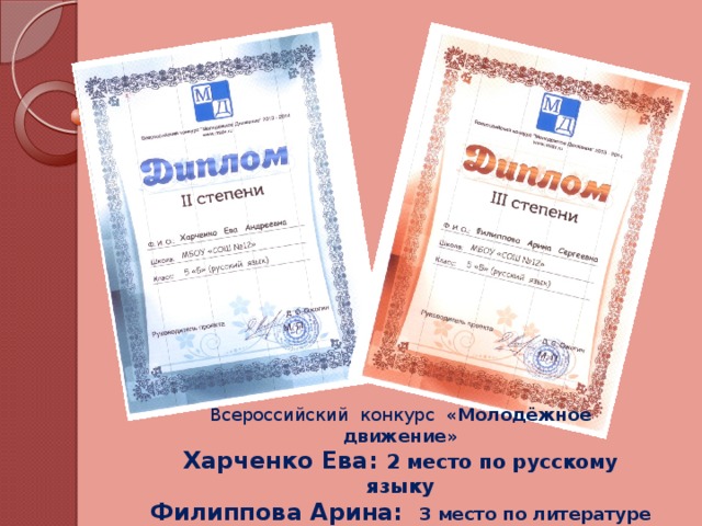 Всероссийский конкурс «Молодёжное движение» Харченко Ева: 2 место по русскому языку Филиппова Арина: 3 место по литературе (октябрь- ноябрь 2013 года)