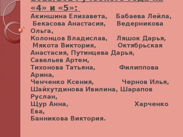 Закончили 1 полугодие 2013/2014 учебного года на «4» и «5»:  Акиншина Елизавета, Бабаева Лейла,  Бекасова Анастасия, Ведерникова Ольга,  Колонцов Владислав, Ляшок Дарья,  Мякота Виктория, Октябрьская Анастасия, Путинцева Дарья, Савельев Артем,  Тихонова Татьяна, Филиппова Арина,  Ченченко Ксения, Чернов Илья,  Шайхутдинова Ивилина, Шарапов Руслан,  Щур Анна, Харченко Ева,  Банникова Виктория.