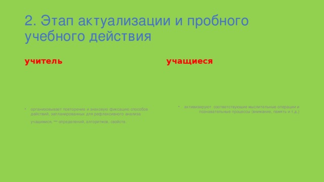 2. Этап актуализации и пробного учебного действия учитель учащиеся