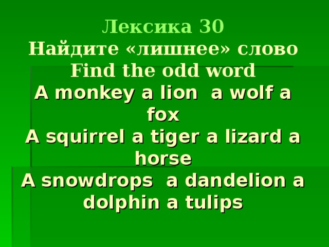 Лексика  30  H айдите « лишнее » слово  Find the odd word  A monkey a lion a wolf a fox   A squirrel a tiger a lizard a horse  A snowdrops a dandelion a dolphin a tulips