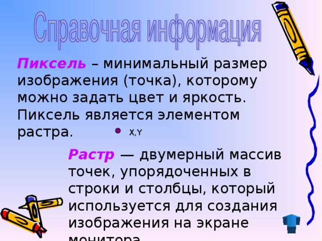 Пиксель  – минимальный размер изображения (точка), которому можно задать цвет и яркость. Пиксель является элементом растра. X,Y Растр — двумерный массив точек, упорядоченных в строки и столбцы, который используется для создания изображения на экране монитора.