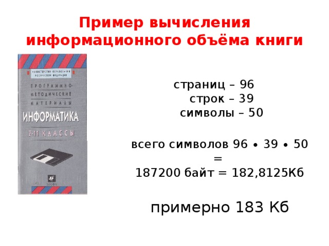 Пример вычисления информационного объёма книги страниц – 96  строк – 39  символы – 50  всего символов 96 ∙ 39 ∙ 50 =  187200 байт = 182,8125Кб  примерно 183 Кб