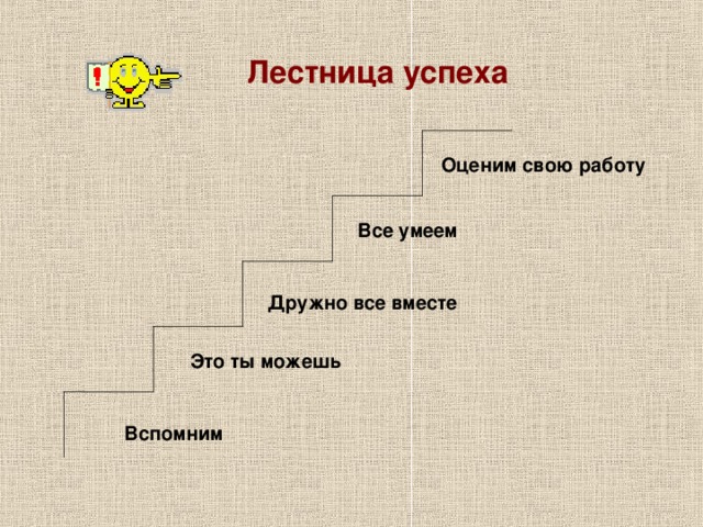 Лестница успеха Оценим свою работу  Все умеем Дружно все вместе  Это ты можешь  Вспомним