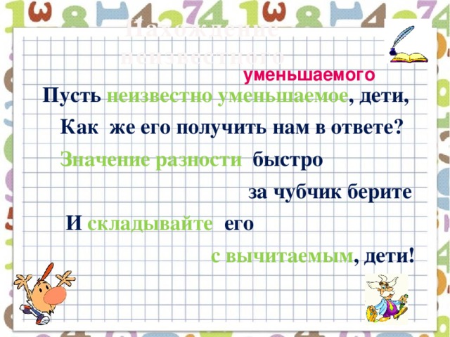 Нахождение  неизвестного уменьшаемого  Пусть неизвестно уменьшаемое , дети,  Как же его получить нам в ответе?  Значение разности быстро  за чубчик берите  И складывайте его  с вычитаемым , дети!