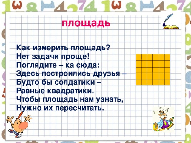 площадь  Как измерить площадь?  Нет задачи проще!  Поглядите – ка сюда:  Здесь построились друзья –  Будто бы солдатики –  Равные квадратики.  Чтобы площадь нам узнать,  Нужно их пересчитать.