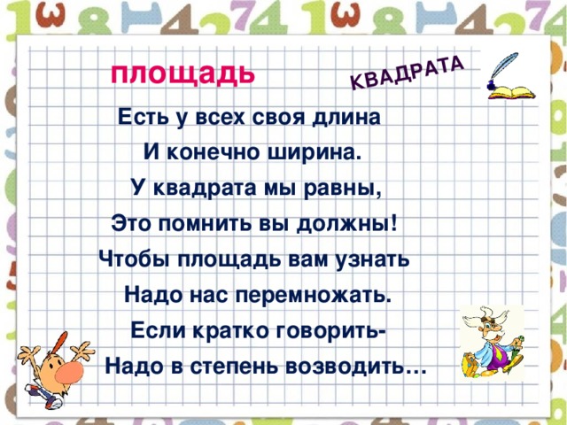 квадрата площадь  Есть у всех своя длина  И конечно ширина.  У квадрата мы равны,  Это помнить вы должны!  Чтобы площадь вам узнать  Надо нас перемножать.  Если кратко говорить-  Надо в степень возводить…