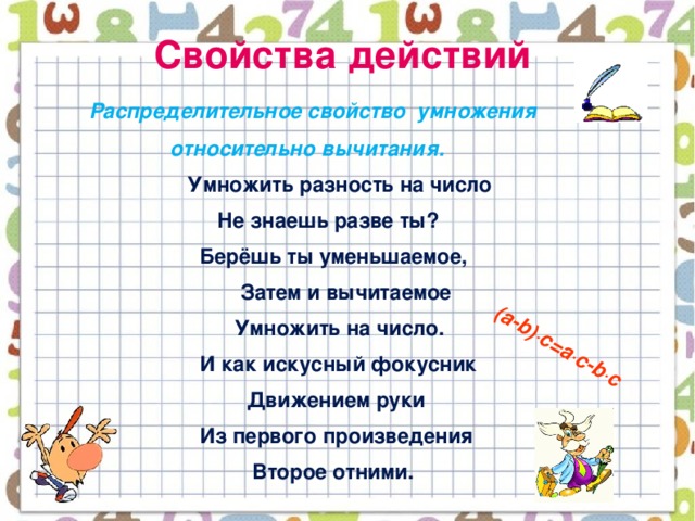 (a-b)∙c=a∙c-b∙c  Свойства действий  Распределительное свойство умножения  относительно вычитания.  Умножить разность на число  Не знаешь разве ты?  Берёшь ты уменьшаемое,  Затем и вычитаемое  Умножить на число.  И как искусный фокусник  Движением руки  Из первого произведения  Второе отними.