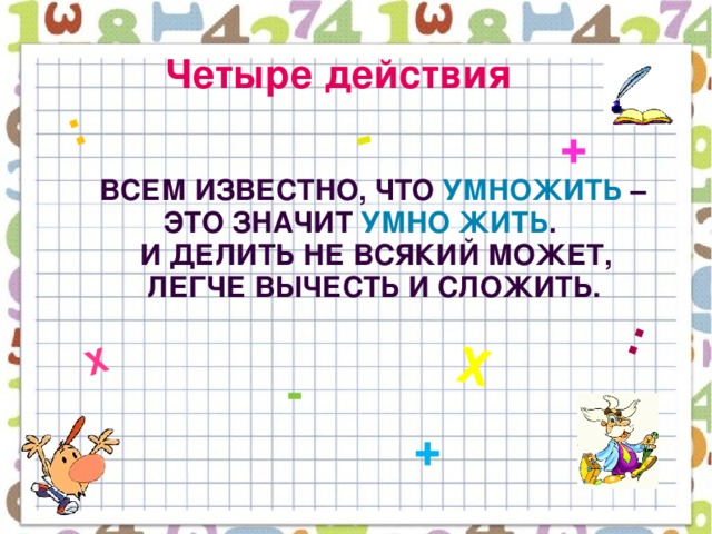 Х : Х : - Четыре действия +  Всем известно, что умножить –  Это значит умно жить .  И делить не всякий может,  Легче вычесть и сложить. - +