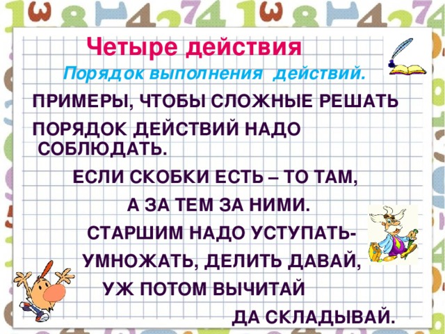 Четыре действия  Порядок выполнения действий.  Примеры, чтобы сложные решать  Порядок действий надо соблюдать.  Если скобки есть – то там,  А за тем за ними.  Старшим надо уступать-  Умножать, делить давай,  Уж потом вычитай  да складывай.