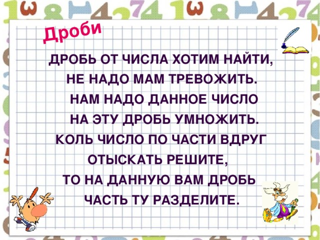 Дроби  Дробь от числа хотим найти,  Не надо мам тревожить.  Нам надо данное число  На эту дробь умножить.  Коль число по части вдруг  Отыскать решите,  То на данную вам дробь  Часть ту разделите.