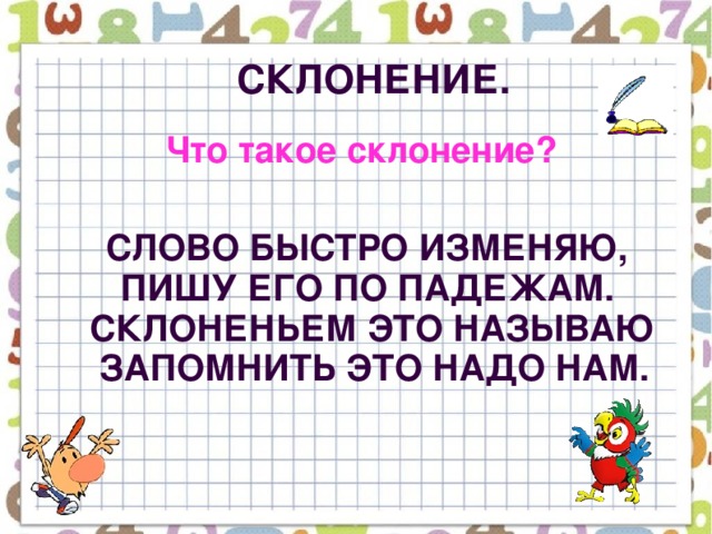 Склонение.  Что такое склонение?   Слово быстро изменяю,  Пишу его по падежам.  Склоненьем это называю  Запомнить это надо нам.