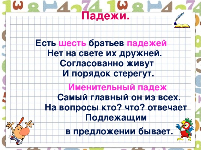 Падежи.   Есть шесть братьев падежей  Нет на свете их дружней.  Согласованно живут  И порядок стерегут.  Именительный падеж  Самый главный он из всех.  На вопросы кто? что? отвечает  Подлежащим  в предложении бывает.