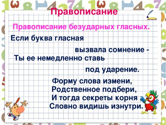 Правописание  Правописание безударных гласных.  Если буква гласная  вызвала сомнение -  Ты ее немедленно ставь  под ударение.  Форму слова измени,  Родственное подбери,  И тогда секреты корня  Словно видишь изнутри.